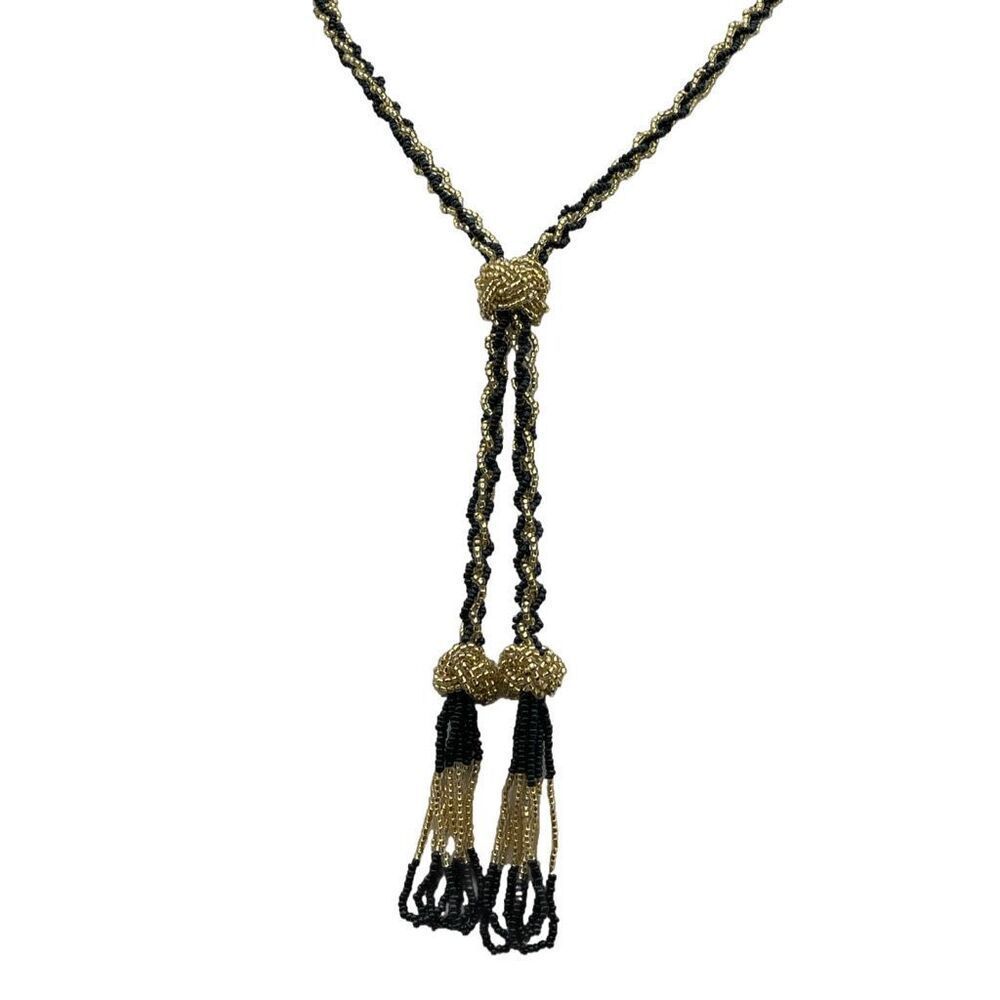 Vintage long seed bead flapper style black n gold necklace - Picture 4 of 11